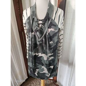 f4 7th Ray green Camo and stripe Knit top w lace up neck tie